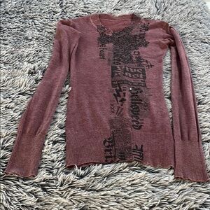 Affliction Pink and Black Fitted Graphic V-Neck Sweater